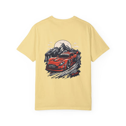 Adventure Awaits Unisex Garment-Dyed T-shirt - Red Sports Car Design - CreativeRino