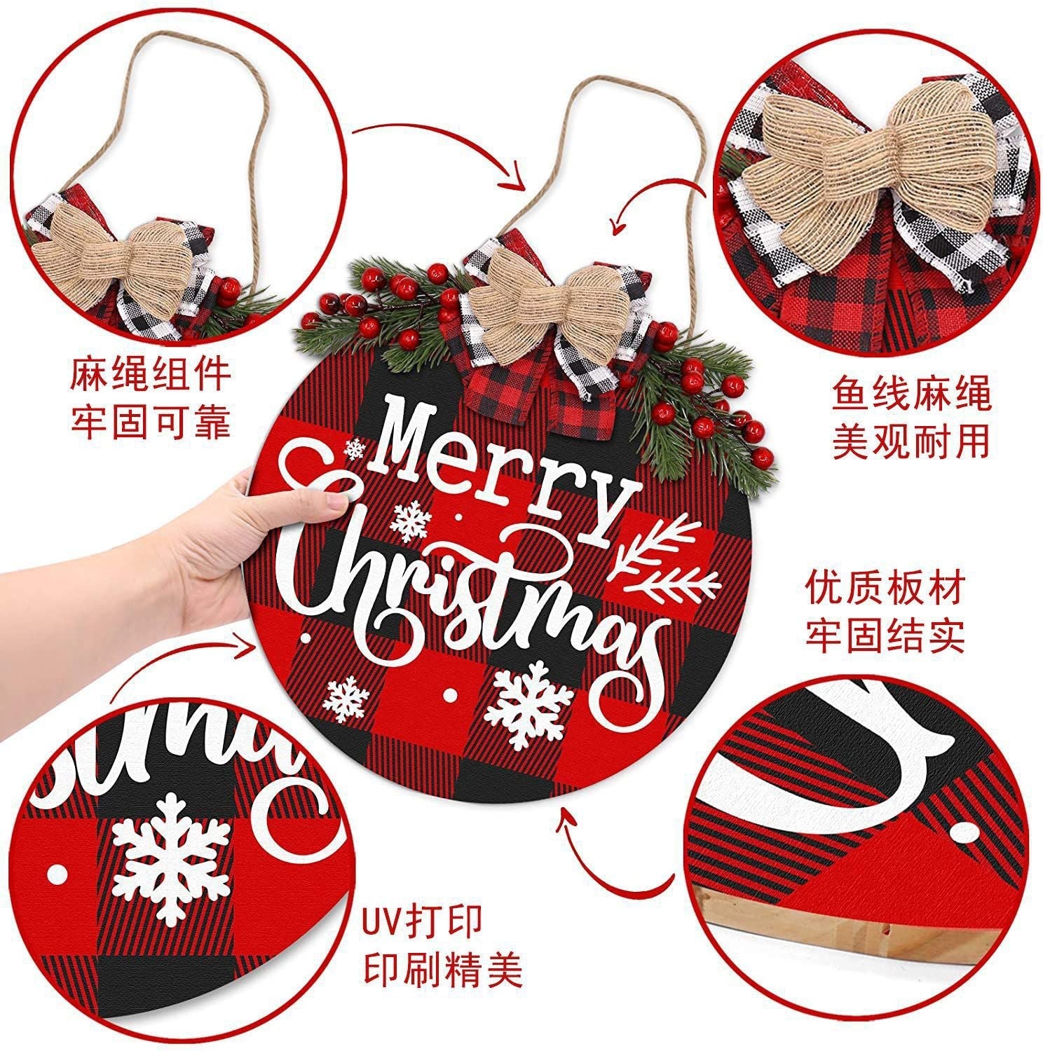 Rustic Wooden Christmas Wreath & Welcome Doorplate | Festive Floral Door Ring Decoration eprolo