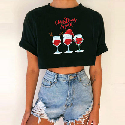 Spicy Girl Christmas Crop Top T-Shirt | INS Style Short Sleeve Round Neck | Trendy Festive Night Out Basic eprolo