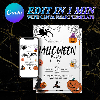 Pumpkin and Spider Halloween Party Invitation Template - CreativeRino