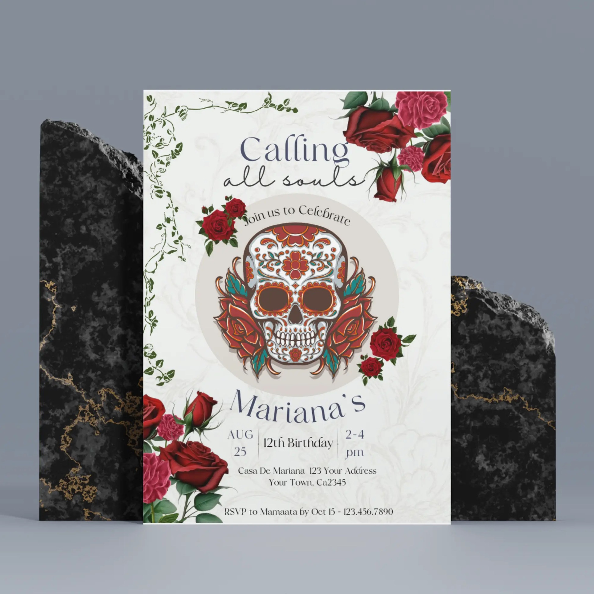 Day of the Dead Birthday Invitation Template | Calling all Souls Sugar Skull Invite - CreativeRino