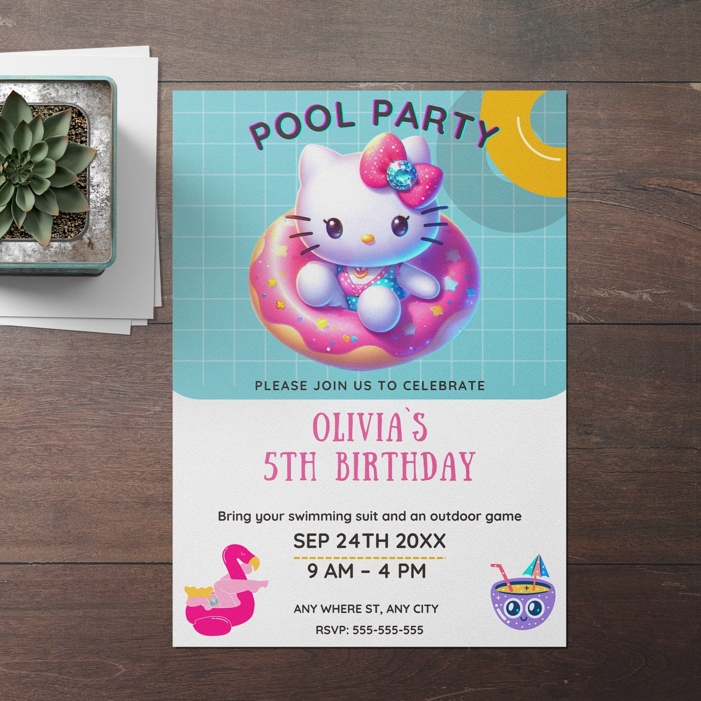 Kawaii Kitty Pool Birthday Party Invitation Template