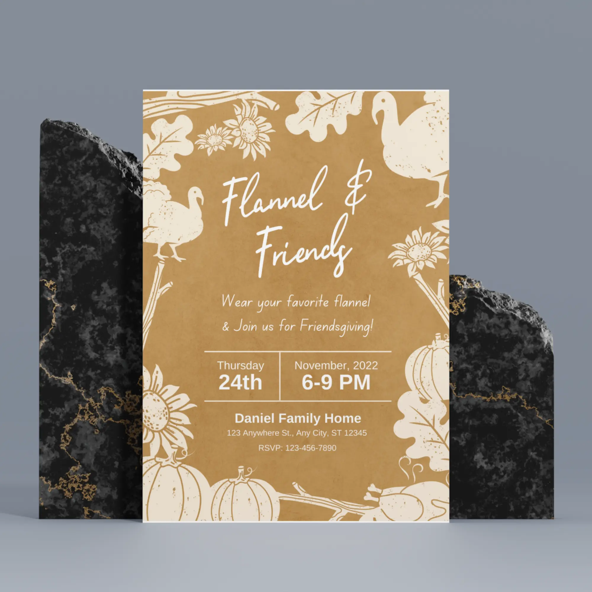 Flannel and Friends Friendsgiving Invitation Template | Flannel Thanksgiving Invite - CreativeRino