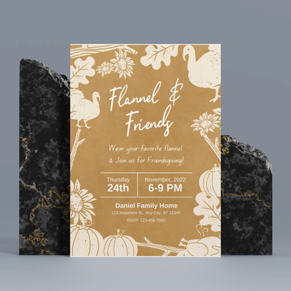 Flannel and Friends Friendsgiving Invitation Template | Flannel Thanksgiving Invite - CreativeRino