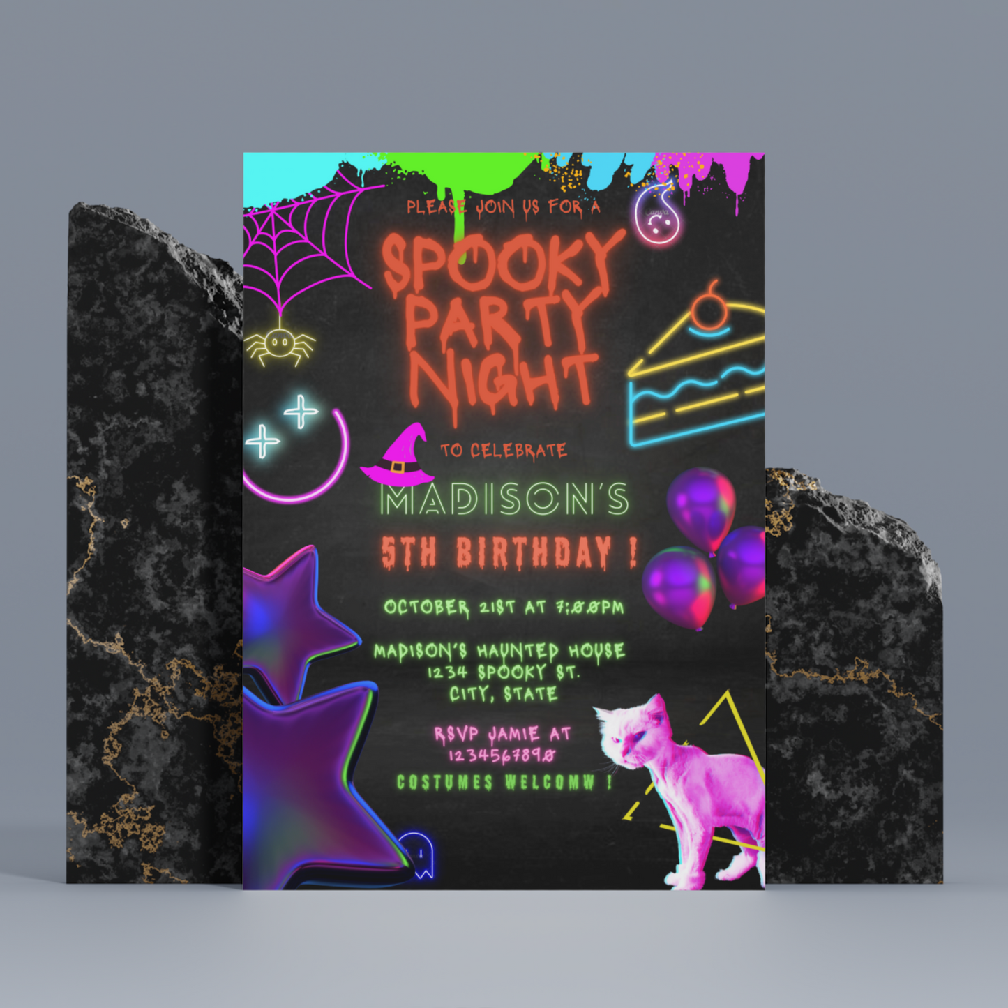 Neon Spooky Halloween Birthday Party Invitation Template