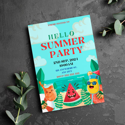 Hello Summer Party Invitation Canva Template | Hello Summer Theme Invite CreativeRino