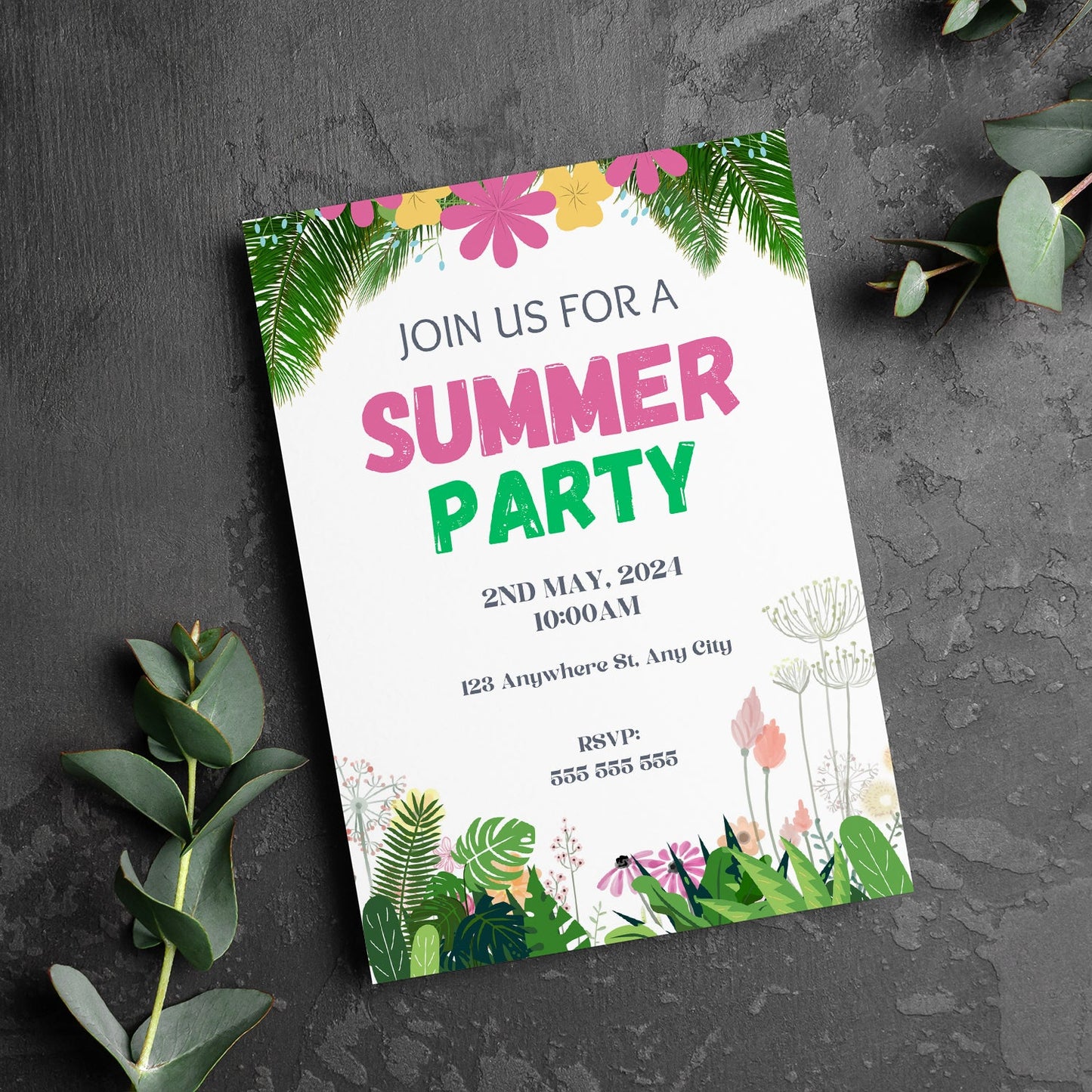Summer Party Invitation Canva Template | Summer Party Theme Invite CreativeRino