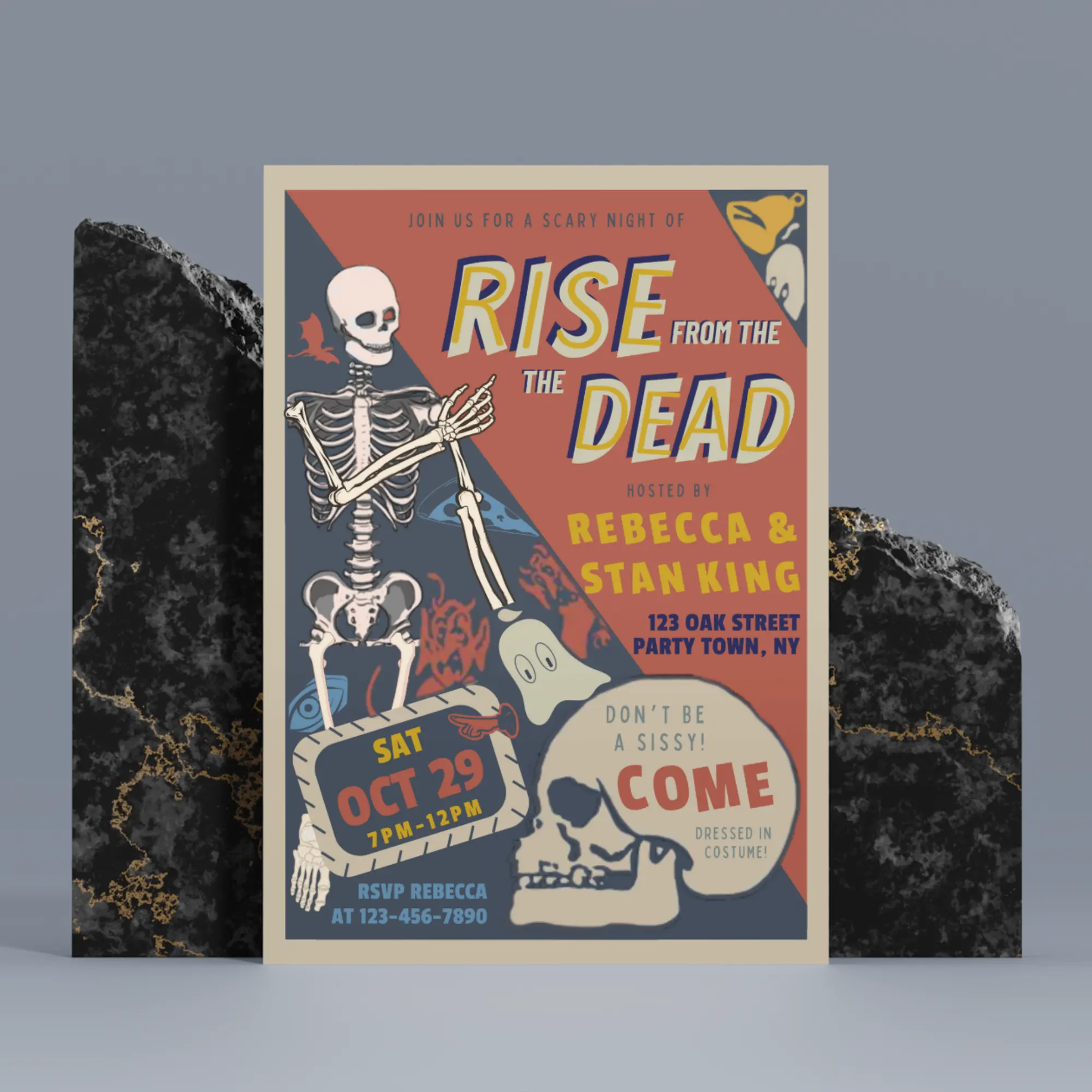 Retro Vintage Skeleton Halloween Party Invitation Template - CreativeRino