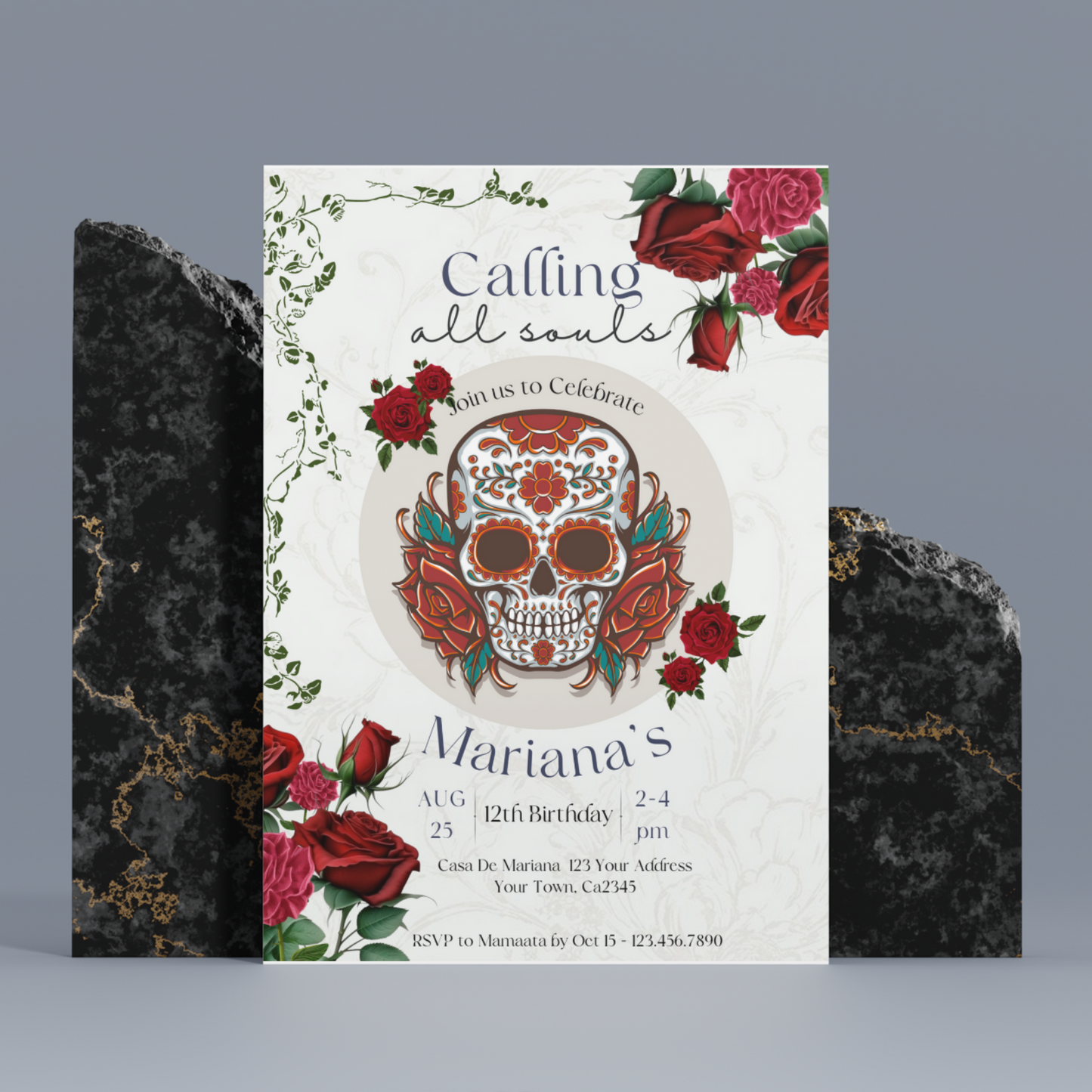 Day of the Dead Birthday Invitation Template | Calling all Souls Sugar Skull Invite