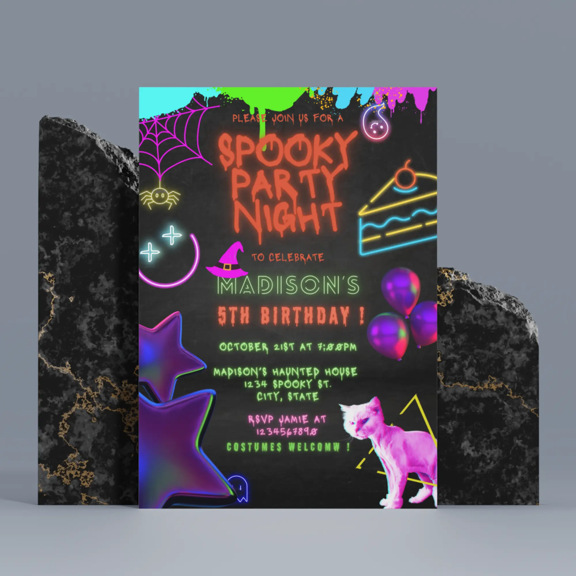 Neon Spooky Halloween Birthday Party Invitation Template - CreativeRino