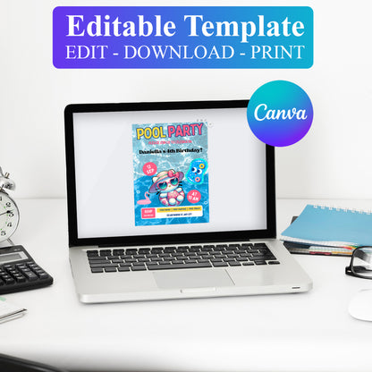 Kawaii Kitty Pool Birthday Party Invitation Template - CreativeRino