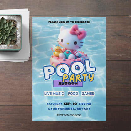 Kawaii Kitty Pool Birthday Party Invitation Template - CreativeRino