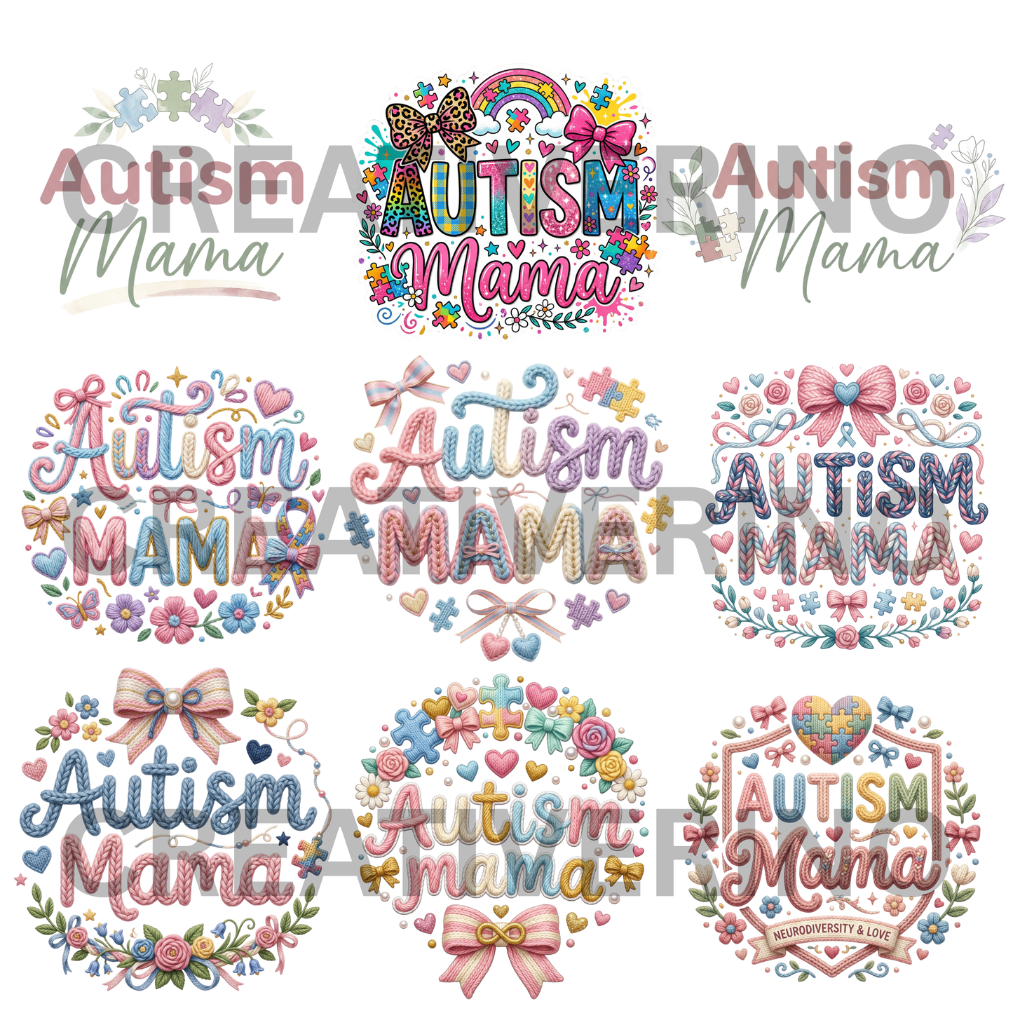 Autism Mama PNG | Autism Awareness | Superhero Cartoon Aesthetic Retro Groovy 70s-style Coquette Faux Yarn Preppy Puzzle Trendy Designs CreativeRino