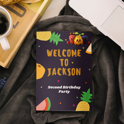 Hey Bear Dancing Fruit Birthday Welcome Sign Template - CreativeRino