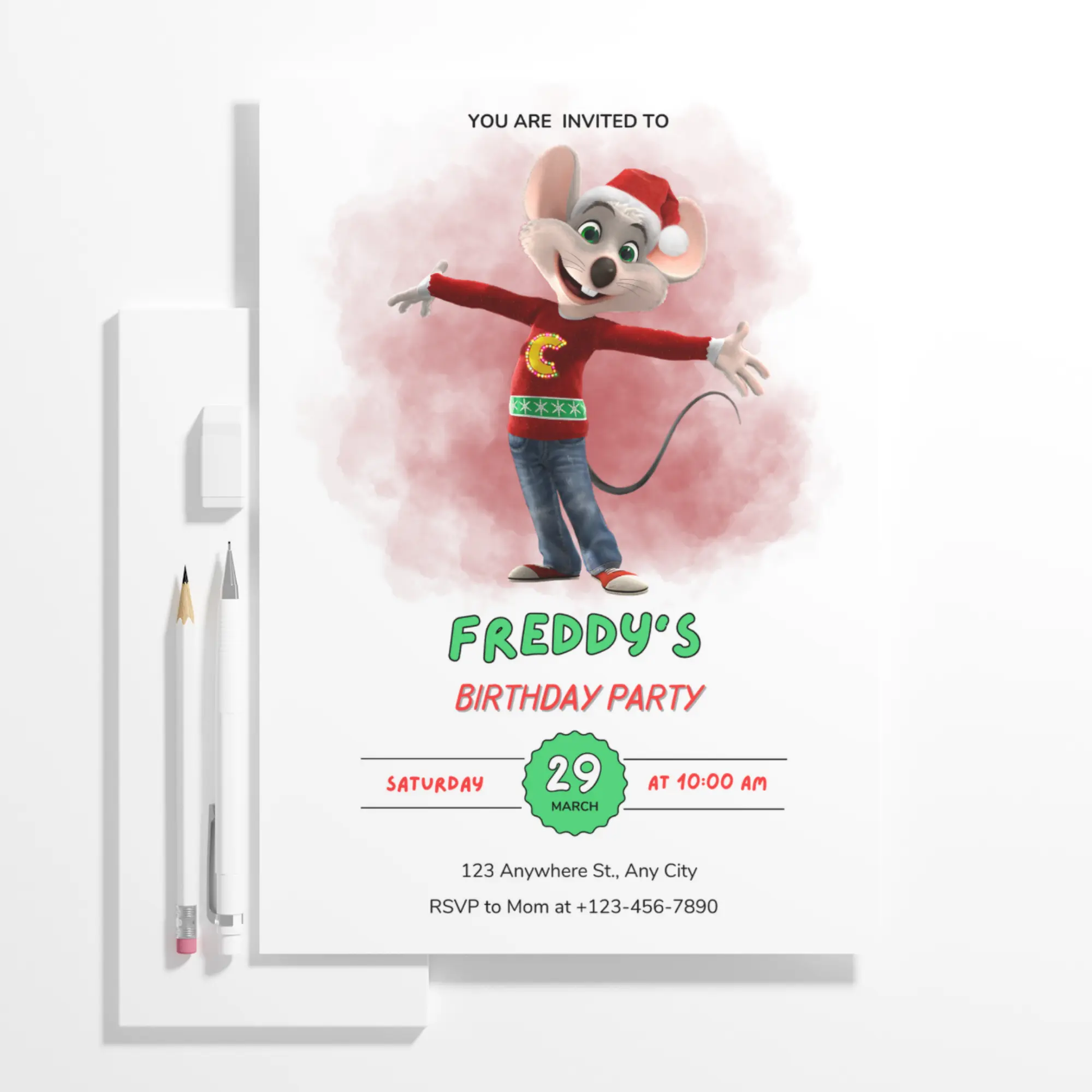 Chuck E Cheese Mouse Christmas Birthday Invitation Template - CreativeRino