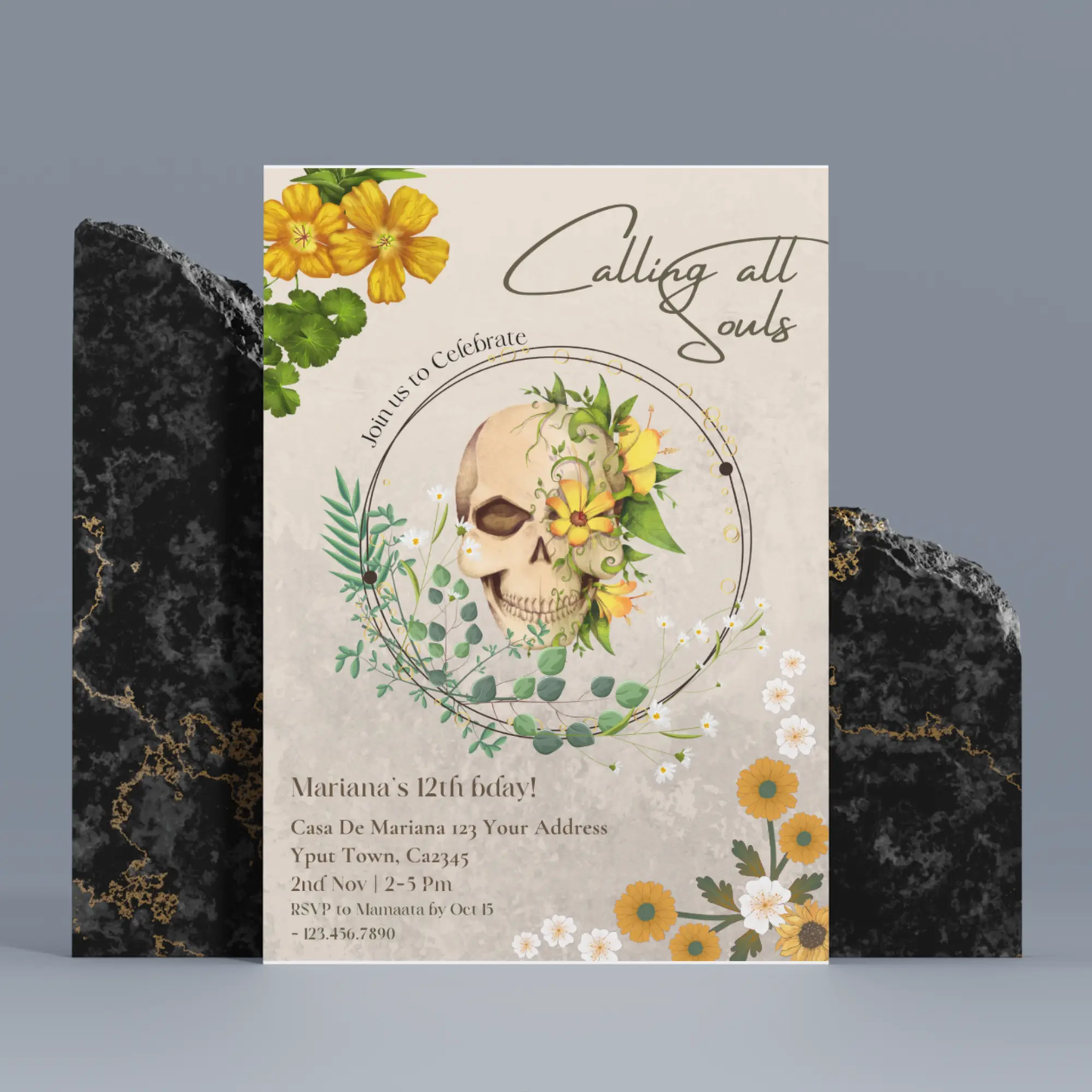 Day of the Dead Birthday Invitation Template | Calling all Souls Sugar Skull Invite - CreativeRino