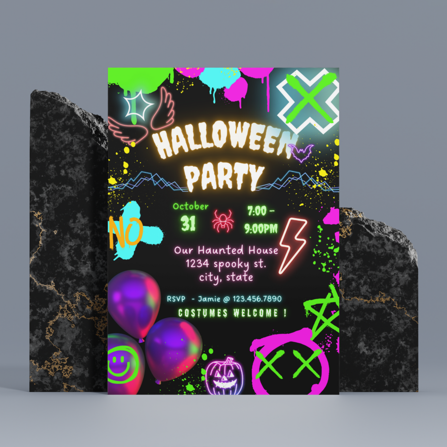 Neon Spooky Halloween Party Invitation Template