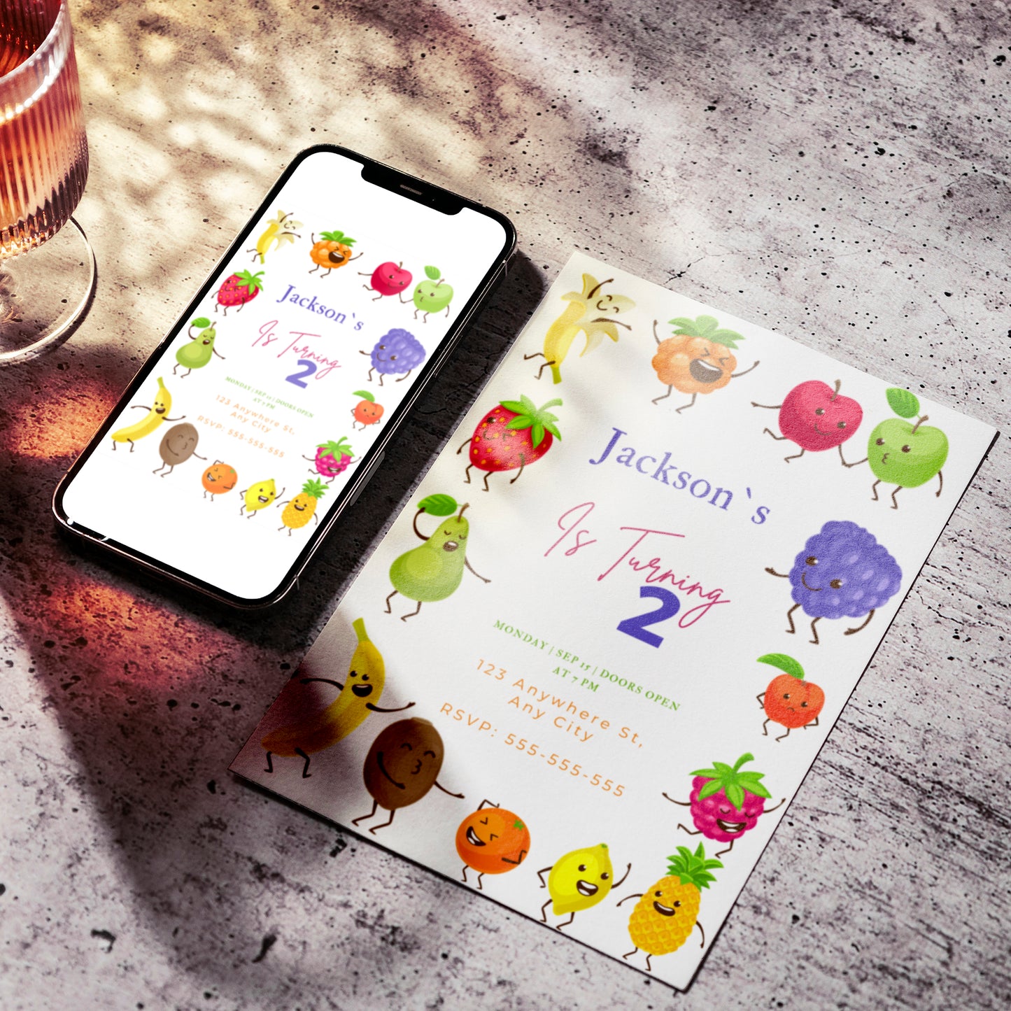 Hey Bear Dancing Fruit Birthday Invitation Template