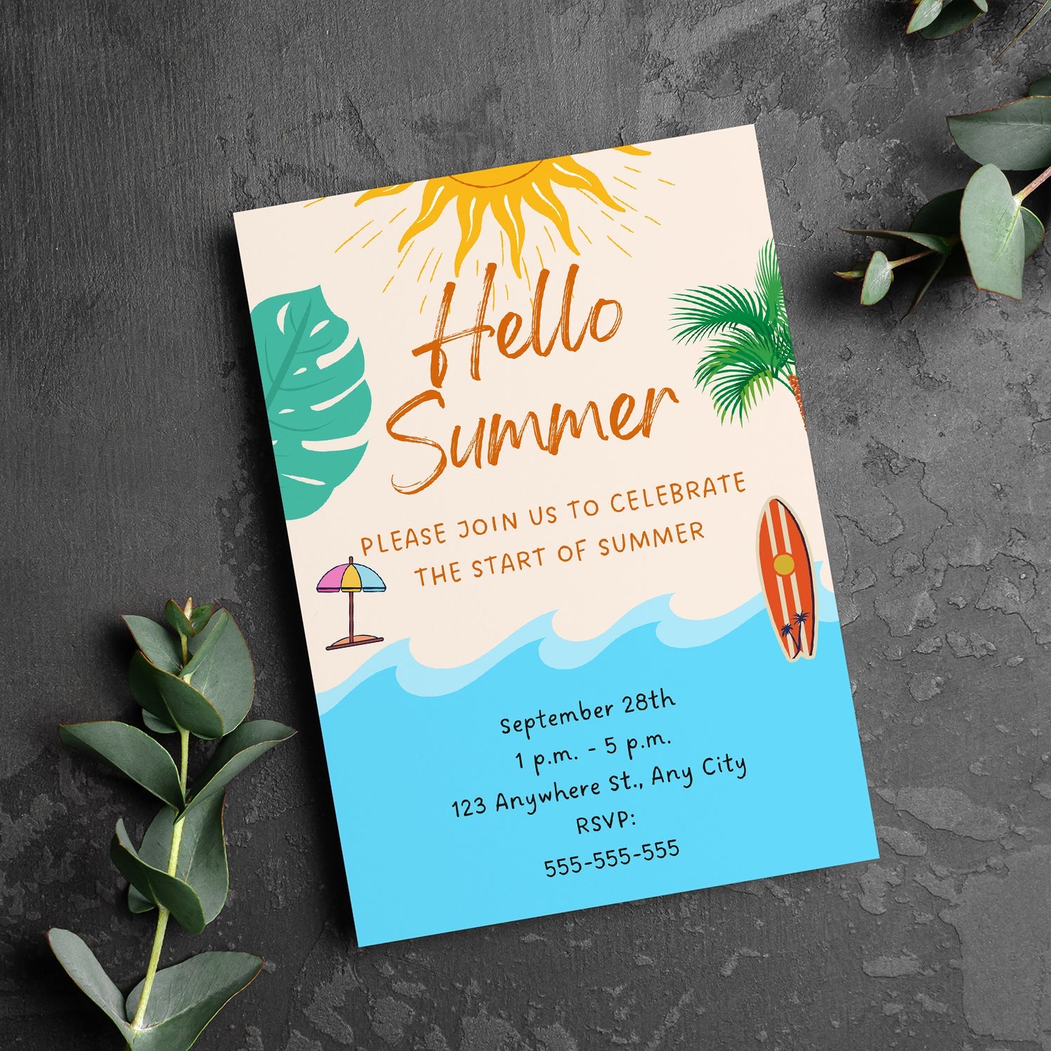 Hello Summer Party Invitation | Hello Summer Theme Invite Canva Template CreativeRino