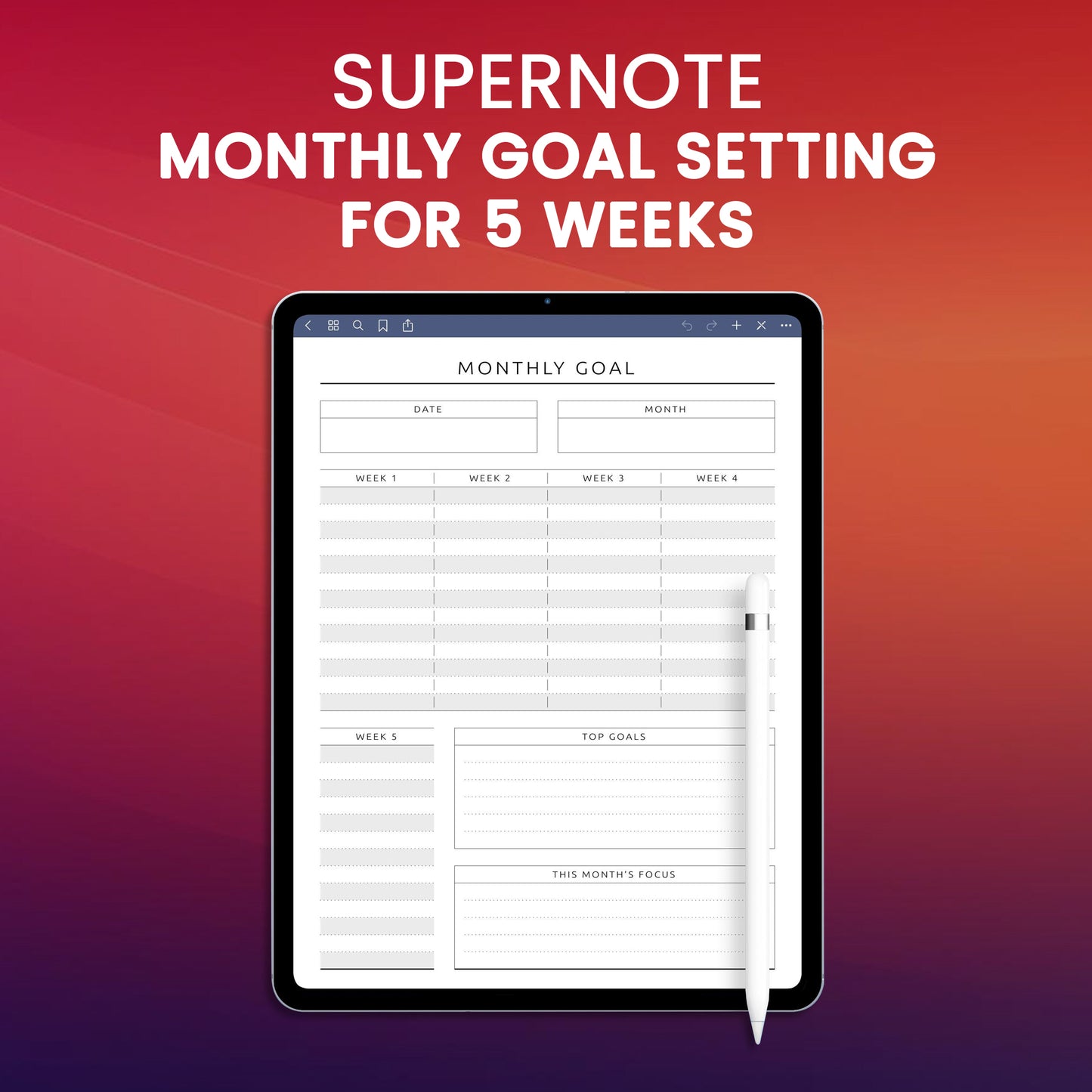 Supernote Monthly Goal Setting for 5 Weeks Planner Template