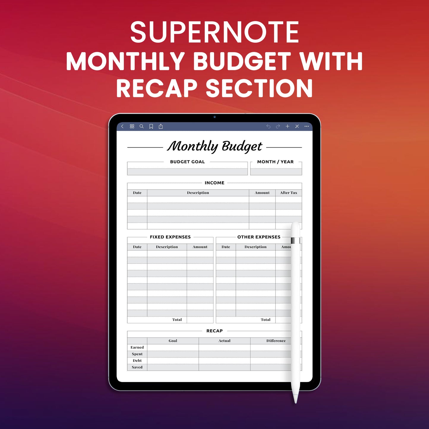 Supernote Monthly Budget With Recap Section Planner Template