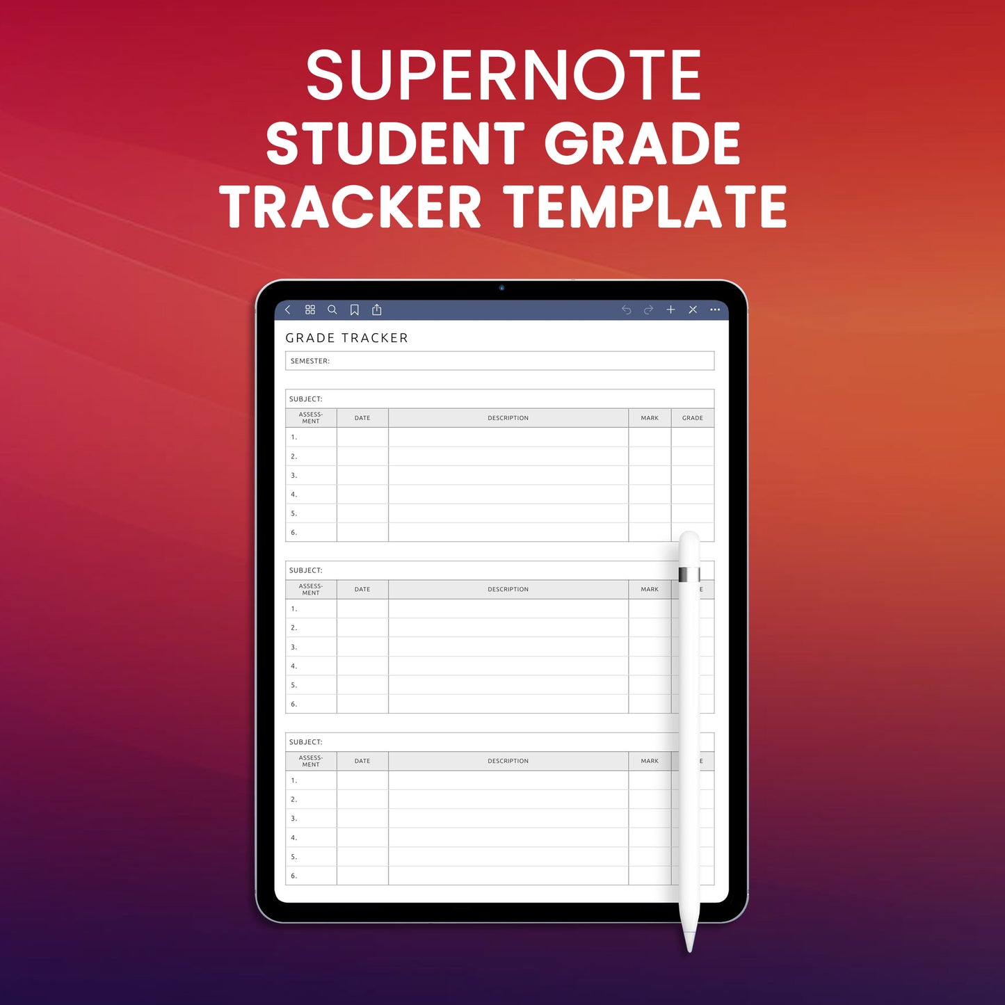 Supernote Student Grade Tracker Template Planner Template