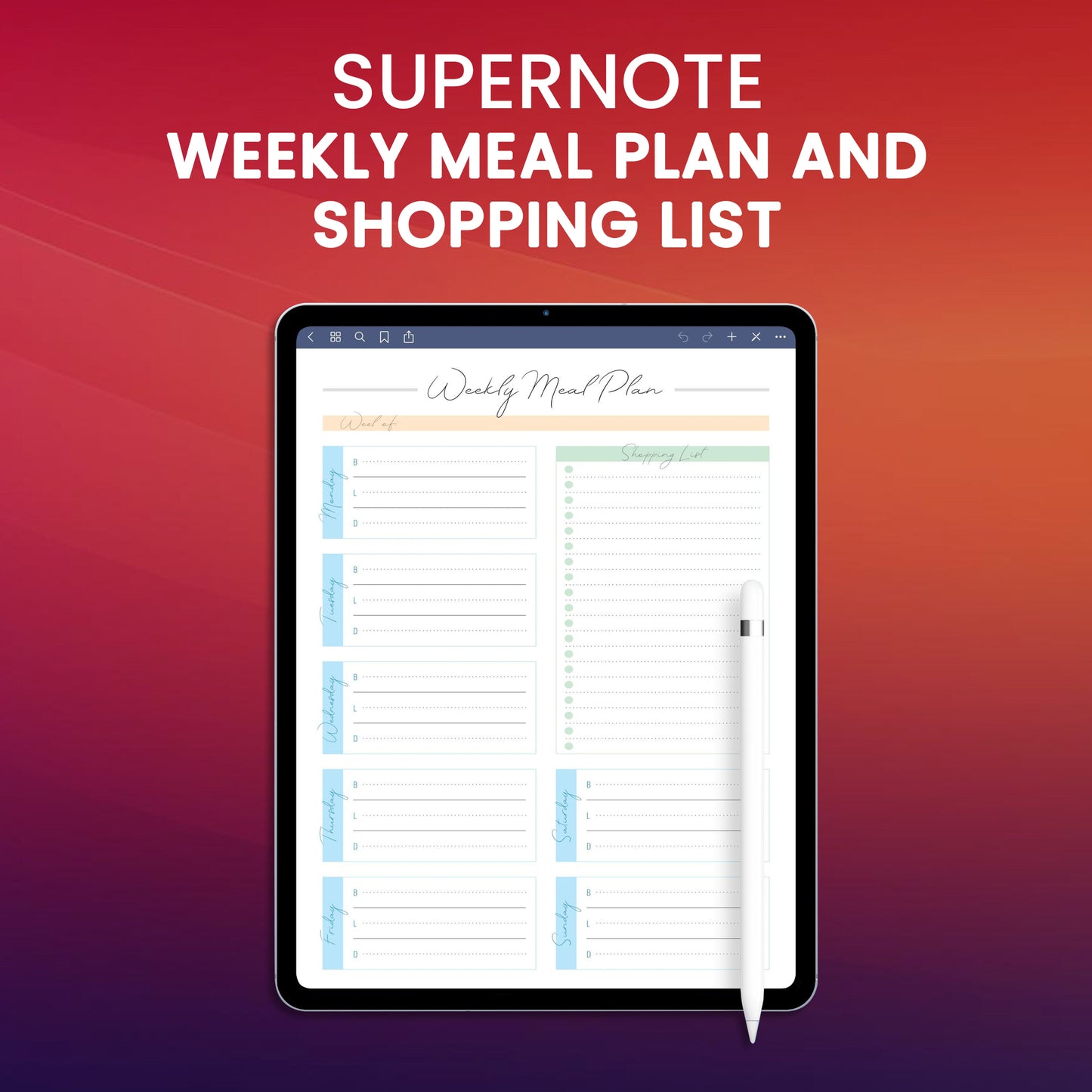 Supernote Weekly Meal Plan and Shopping List Planner Template