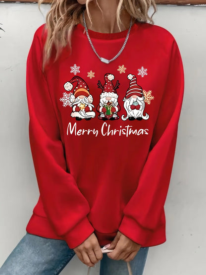 Women's Plus Size Christmas Gnome Print Pullover Sweatshirt | Cozy Holiday Crewneck Jumper eprolo