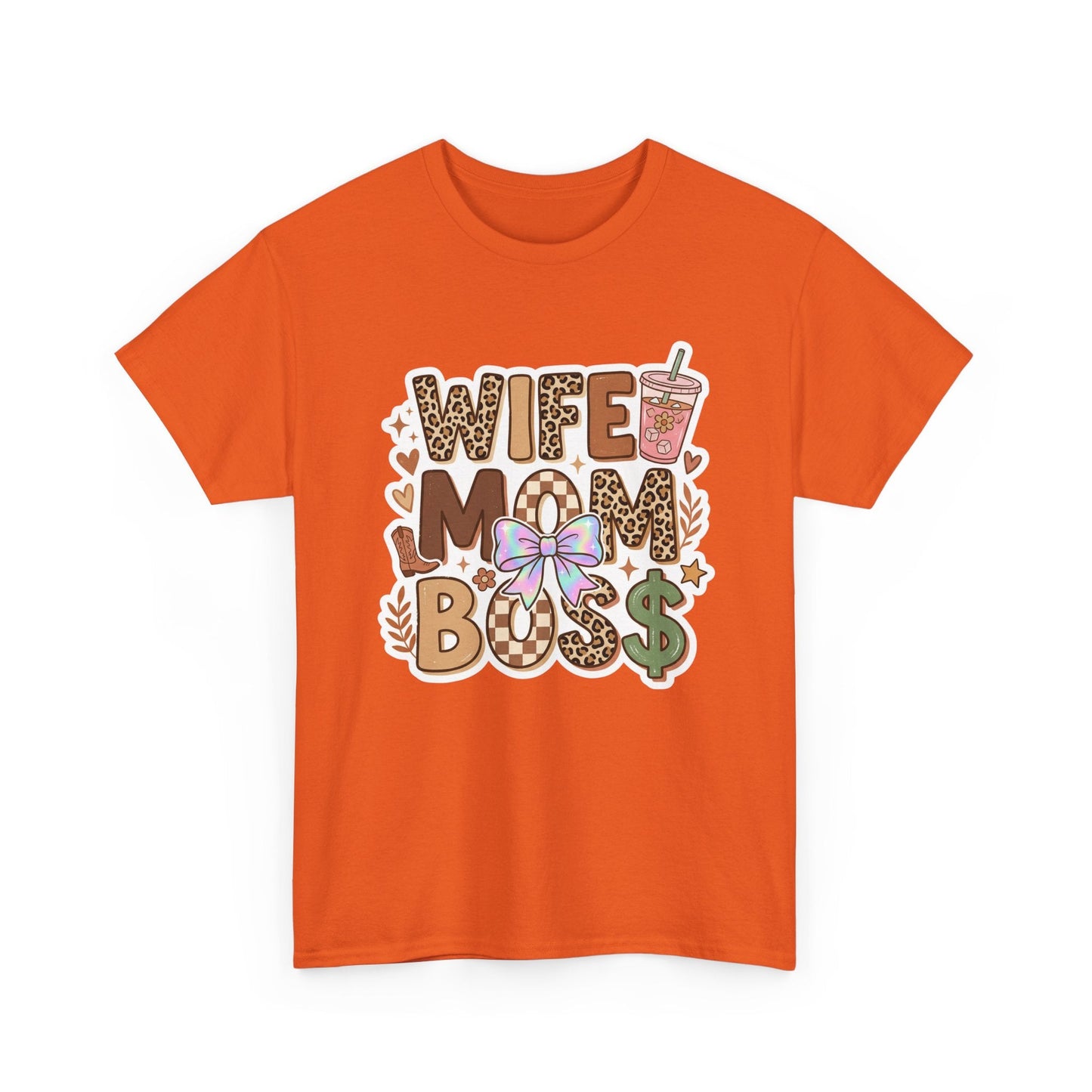 Wife Mom Boss Leopard Graphic Tee – Cute Mom Life Shirt with Bow & Coffee Printify