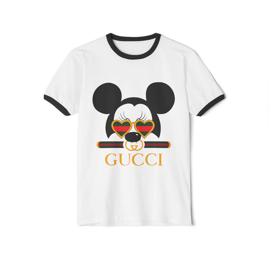 Trendy Unisex Cotton Ringer T-shirt with Cool Mickey Gucci Design - CreativeRino