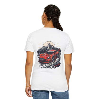Adventure Awaits Unisex Garment-Dyed T-shirt - Red Sports Car Design - CreativeRino