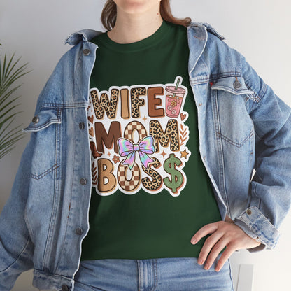 Wife Mom Boss Leopard Graphic Tee – Cute Mom Life Shirt with Bow & Coffee Printify