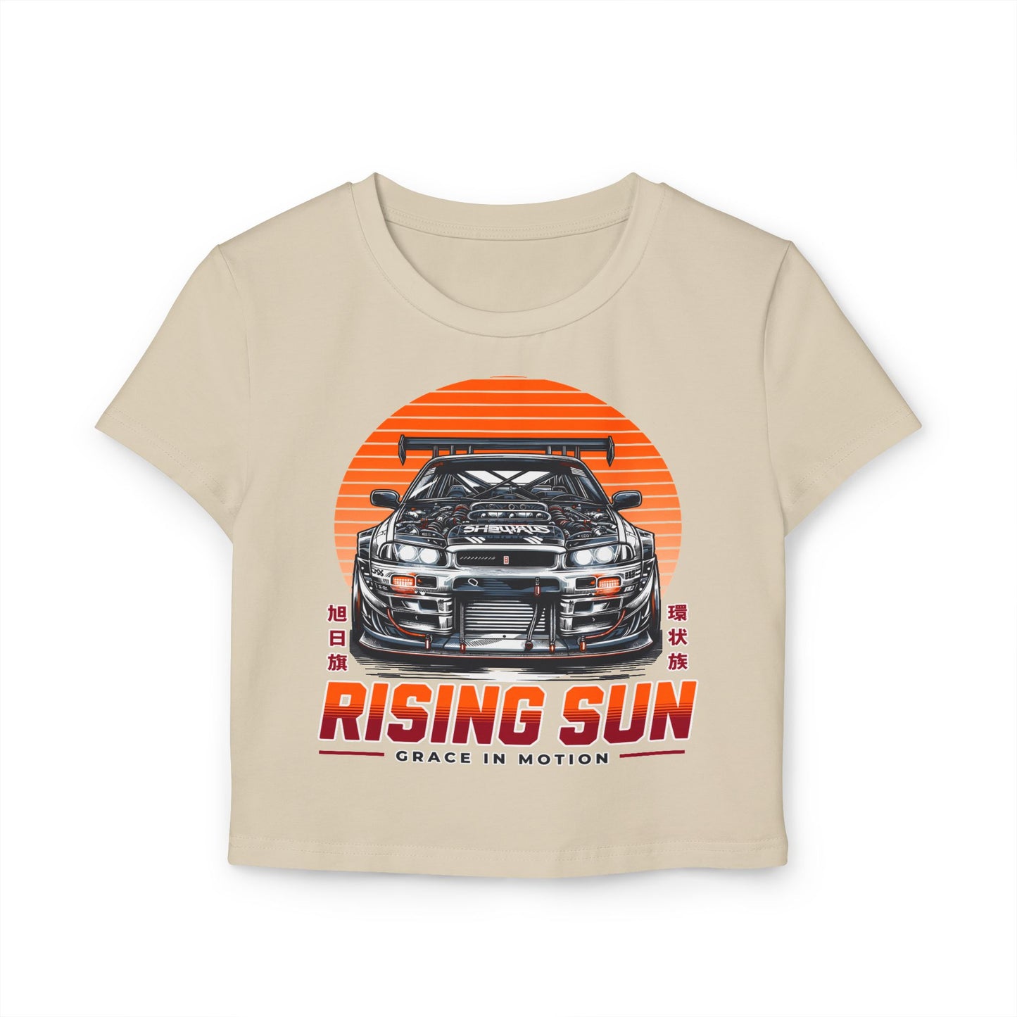 Rising Sun Women's Baby Tee - Stylish Automotive Graphic T-shirt - CreativeRino