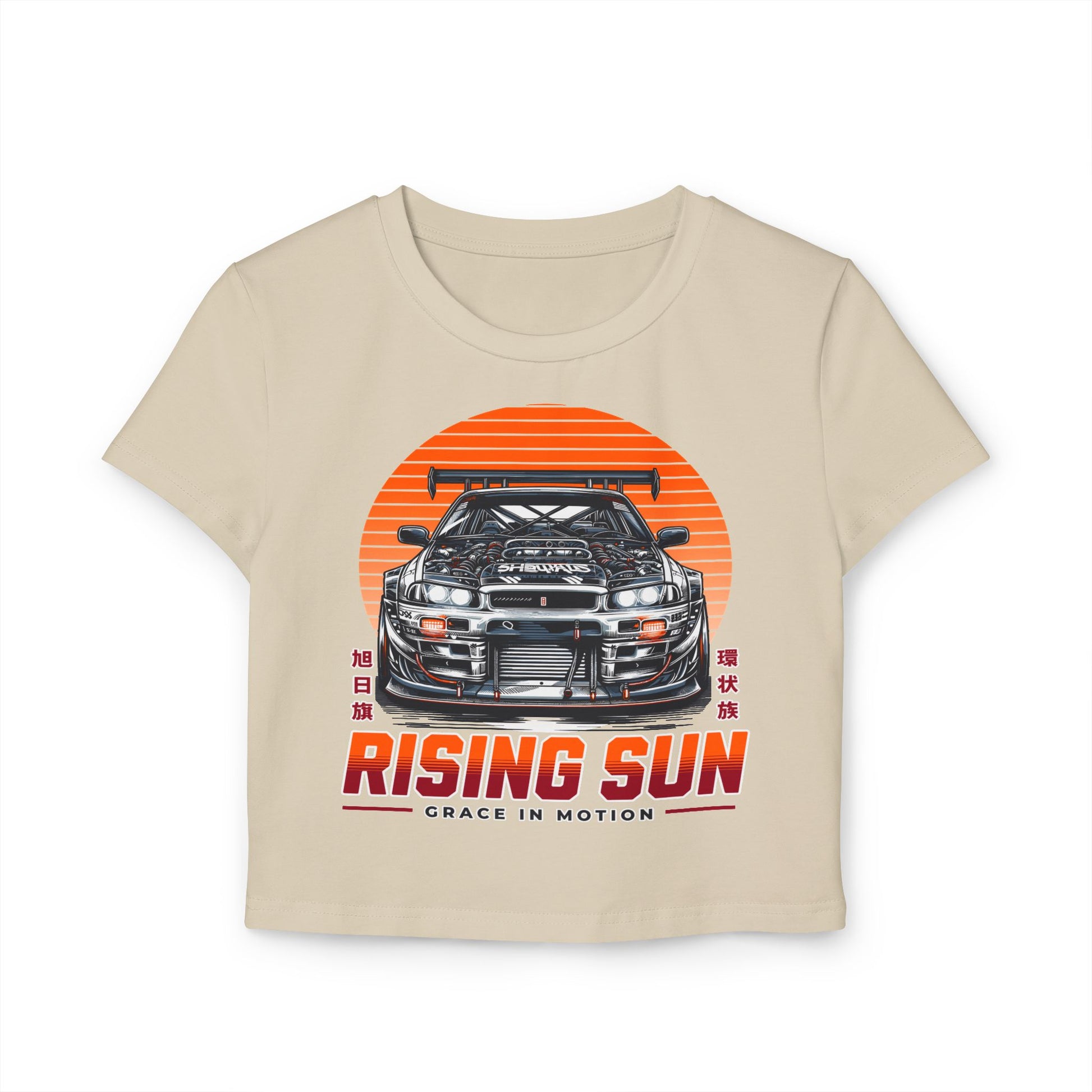Rising Sun Women's Baby Tee - Stylish Automotive Graphic T-shirt - CreativeRino