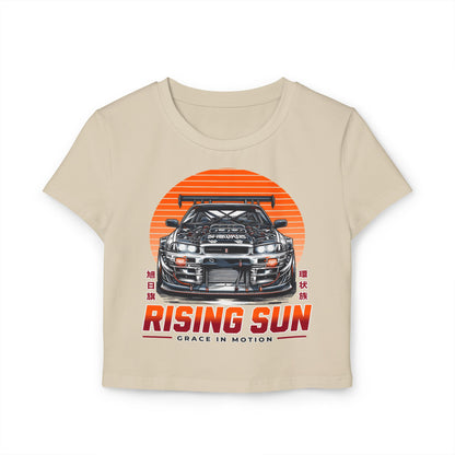 Rising Sun Women's Baby Tee - Stylish Automotive Graphic T-shirt - CreativeRino