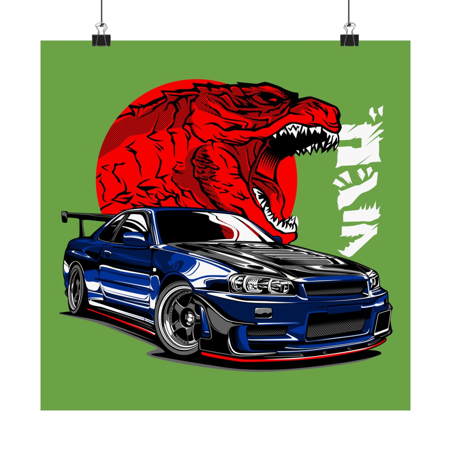 Car Matte Square Poster - Racing Car & Tyrannosaurus Design - CreativeRino