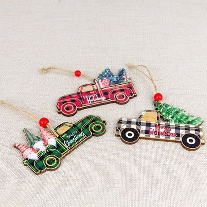 Rustic Plaid Wooden Christmas Ornaments Set | Santa, Car & Tree Hanging Pendants Decor
