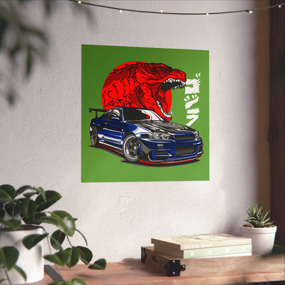 Car Matte Square Poster - Racing Car & Tyrannosaurus Design - CreativeRino