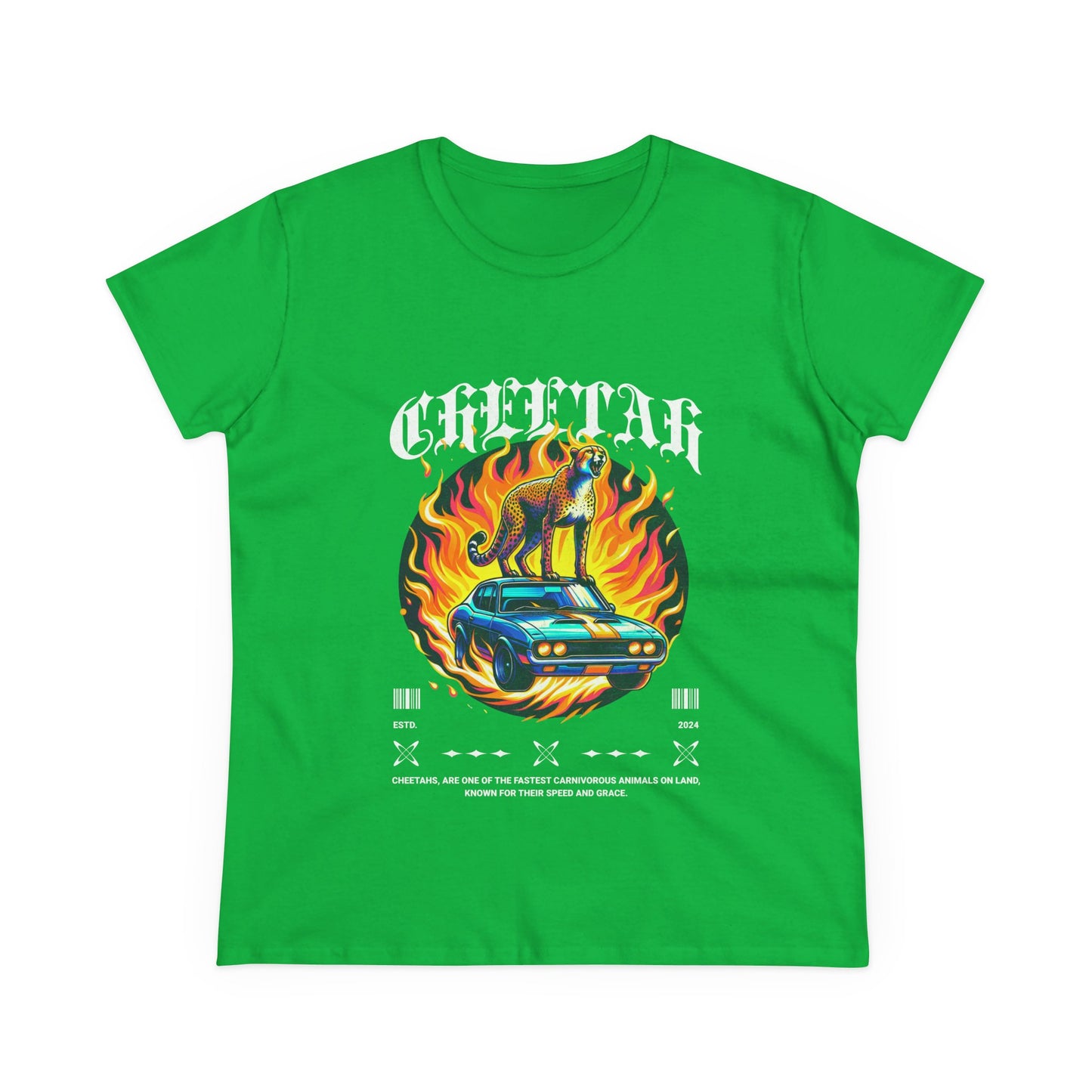 Cool Car and Cheetah Graphic Women's Tee Midweight Cotton T-shirt - CreativeRino