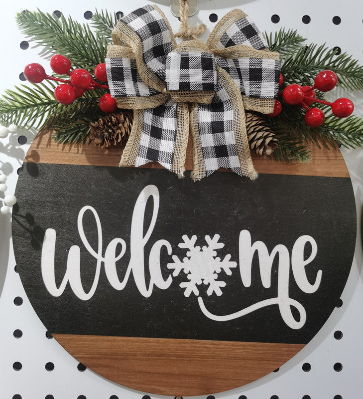 Rustic Wooden Christmas Wreath & Welcome Doorplate | Festive Floral Door Ring Decoration eprolo