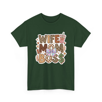 Wife Mom Boss Leopard Graphic Tee – Cute Mom Life Shirt with Bow & Coffee Printify