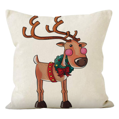 Festive Reindeer Print Linen Pillow Cover | Christmas Holiday Sofa Decoration eprolo