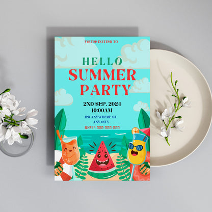 Hello Summer Party Invitation Canva Template | Hello Summer Theme Invite CreativeRino
