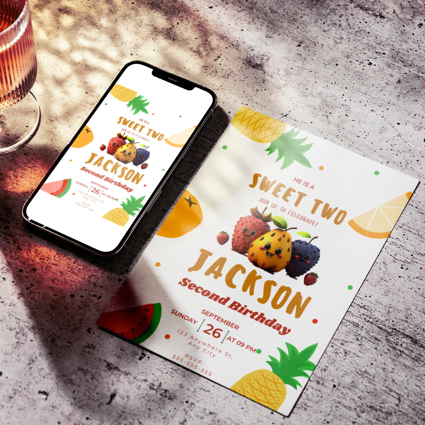 Hey Bear Dancing Fruit Birthday Invitation Template - CreativeRino