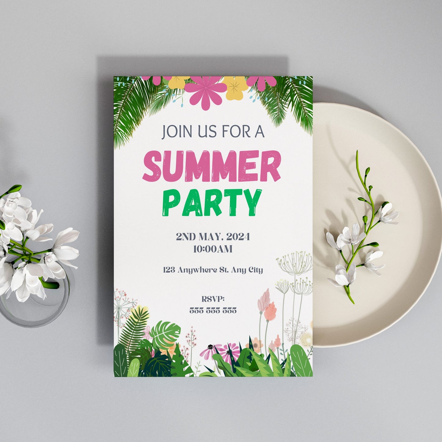 Summer Party Invitation Canva Template | Summer Party Theme Invite CreativeRino