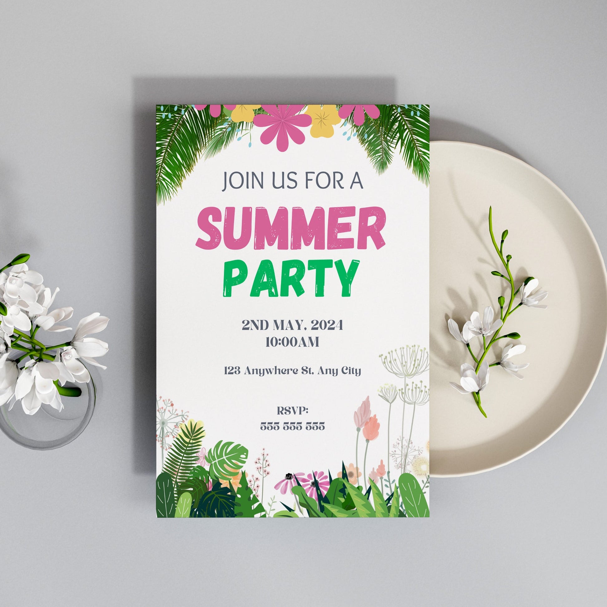 Summer Party Invitation Canva Template | Summer Party Theme Invite CreativeRino