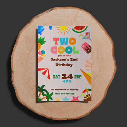 Two Cool Birthday Party Invitation | Two Cool Summer Invite Canva Template CreativeRino