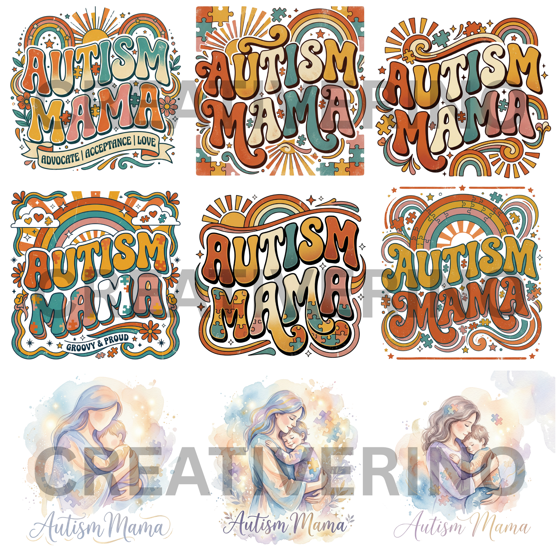 Autism Mama PNG | Autism Awareness | Superhero Cartoon Aesthetic Retro Groovy 70s-style Coquette Faux Yarn Preppy Puzzle Trendy Designs CreativeRino