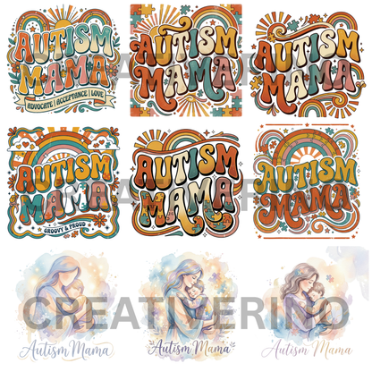 Autism Mama PNG | Autism Awareness | Superhero Cartoon Aesthetic Retro Groovy 70s-style Coquette Faux Yarn Preppy Puzzle Trendy Designs CreativeRino