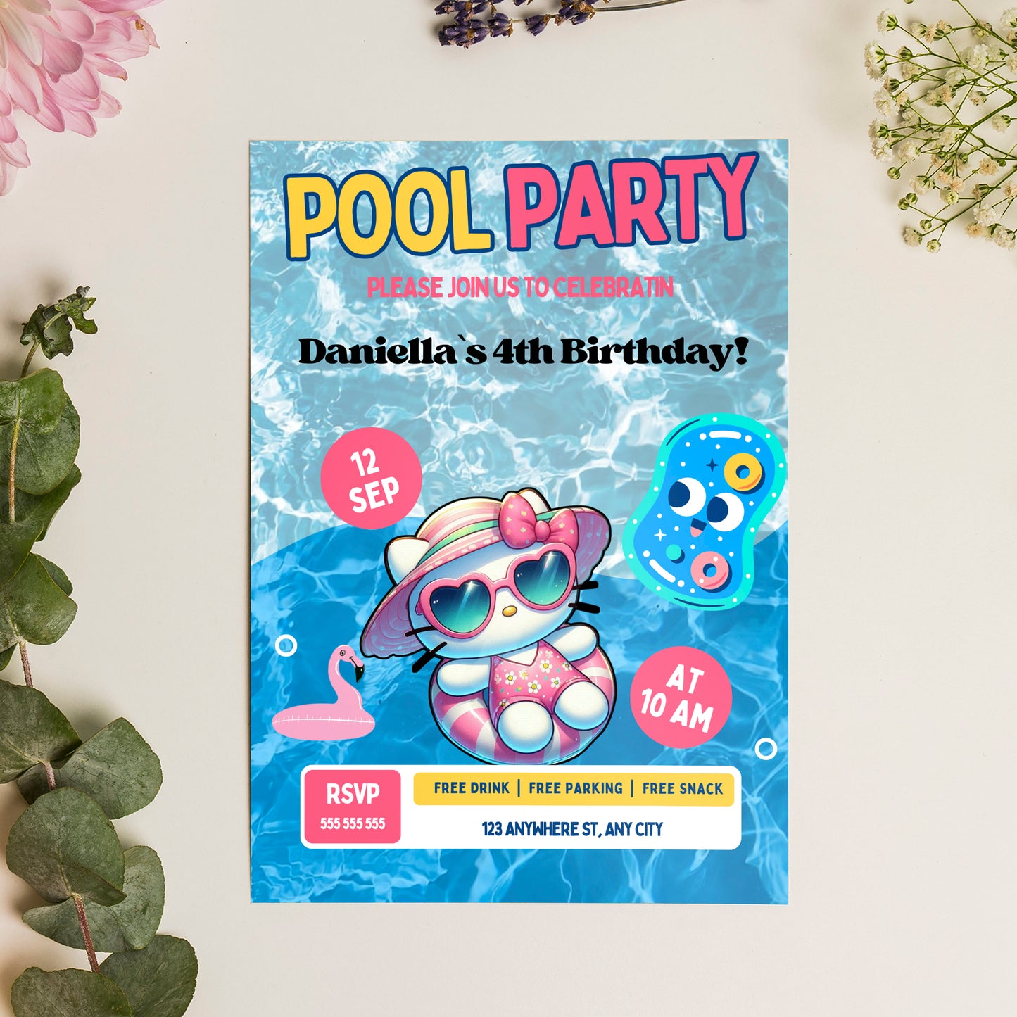 Kawaii Kitty Pool Birthday Party Invitation Template